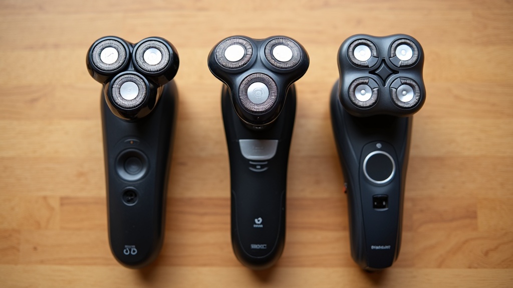 異なるヘッド形状を持つ3種類の電気シェーバーを並べたブランド比較イメージ