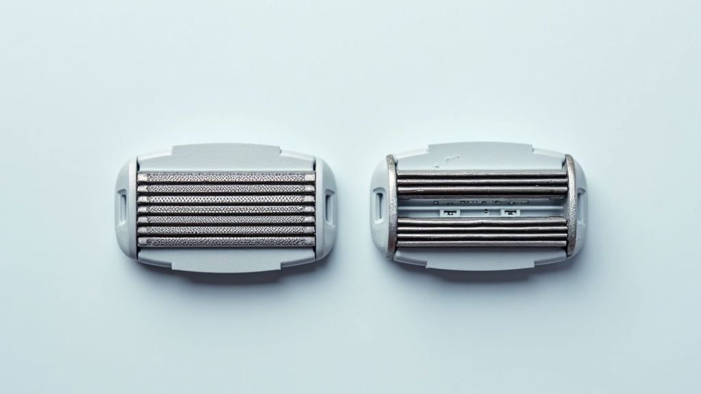 電気シェーバーの使用済み替え刃と新品替え刃の状態比較クローズアップ