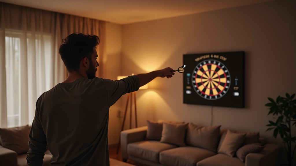 自宅リビングの壁に設置した家庭用電子式ダーツボードに向かって投げる人物