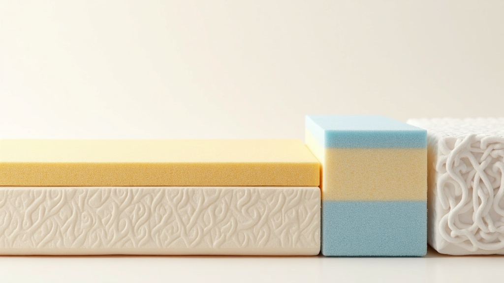 マットレスの素材別断面構造の比較。ポケットコイル・高反発ウレタン・低反発フォームの積層を示す