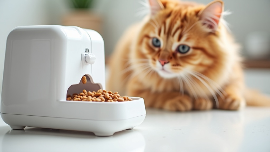 自動給餌器からドライフードが皿に落ちる瞬間と見守る猫のクローズアップ