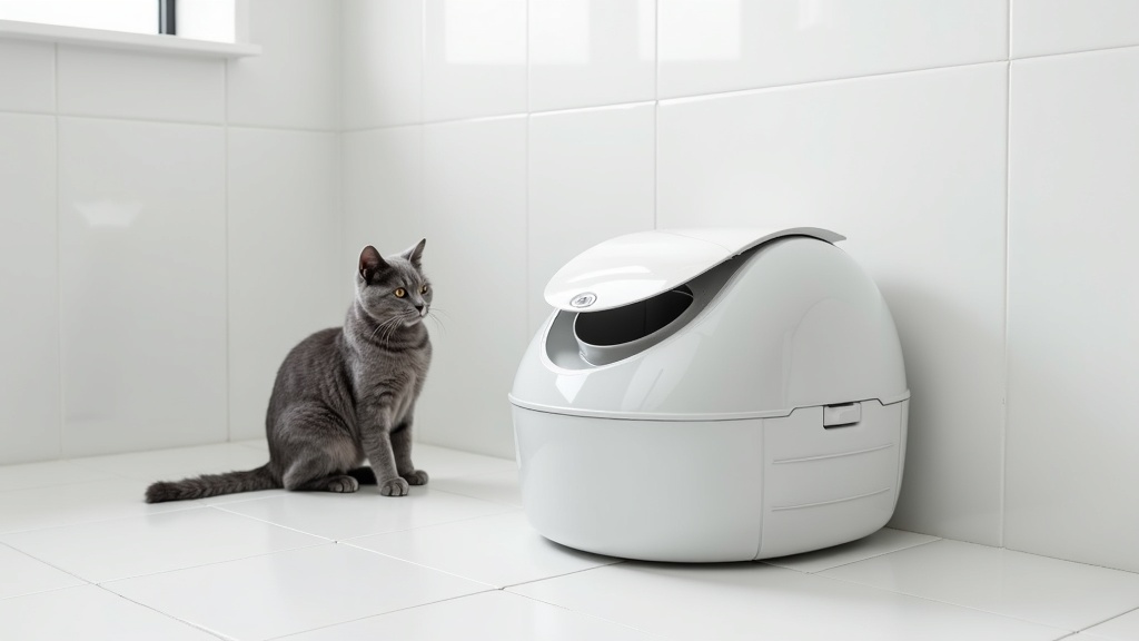 ドラム式自動猫トイレの横に座る猫――清潔感のある自動トイレの設置イメージ
