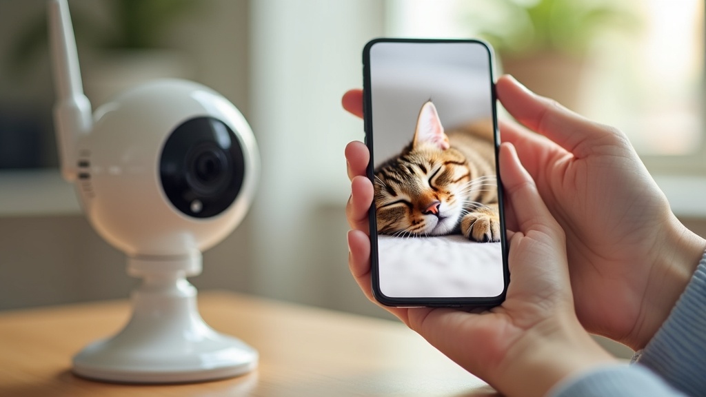 スマートフォンでペット見守りカメラの映像をリアルタイム確認する飼い主の手元