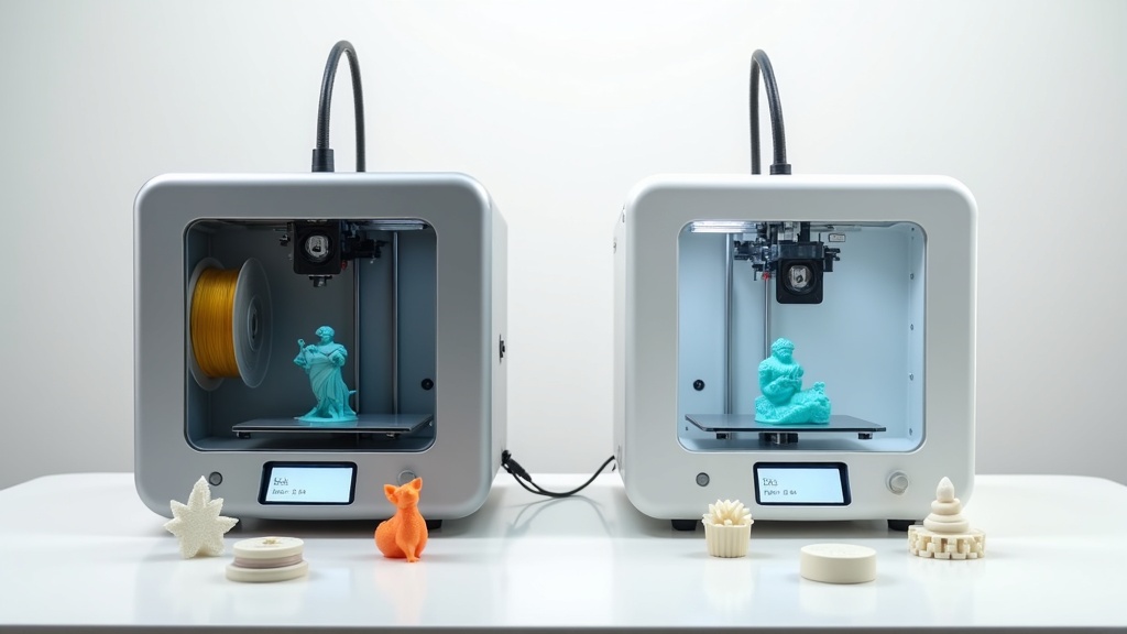 FDM方式と光造形（レジン）方式の3Dプリンターを並べて比較した様子と各方式の造形サンプル