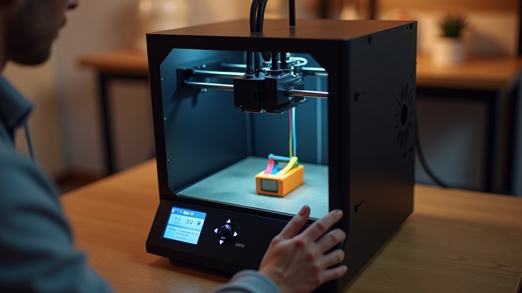 コンパクトな家庭用FDM3Dプリンターがタッチパネルで操作されながら自動でフィラメントを積層している様子