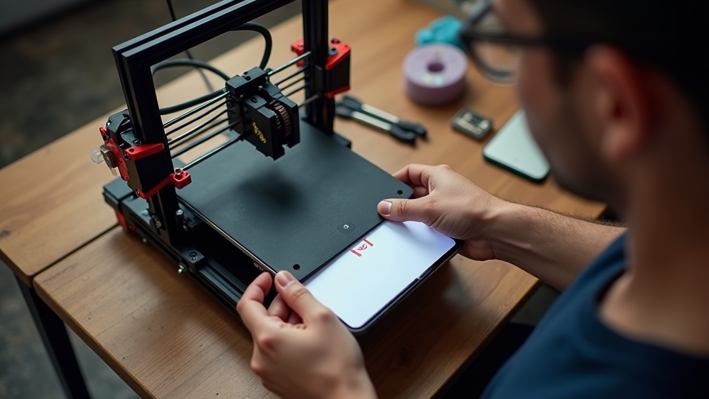 3Dプリンターの初回セットアップ中にベッドレベリング調整をする手元の様子