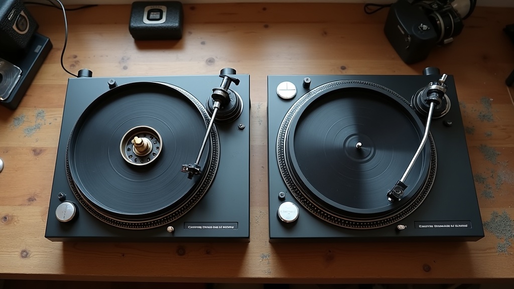 ベルトドライブとダイレクトドライブのレコードプレーヤー駆動方式の違いを比較した様子