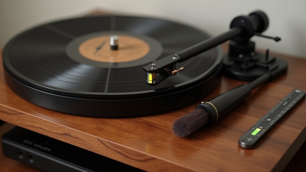 防振対策を施した木製オーディオラック上に設置されたレコードプレーヤーと周辺アクセサリー