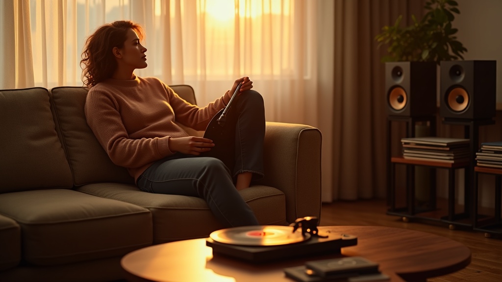 リビングでレコードジャケットを手にしながらアナログレコードの音楽を楽しむ様子