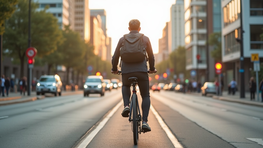 朝の通勤時間帯に都市部の自転車レーンをクロスバイクで走る通勤ライダーの後ろ姿