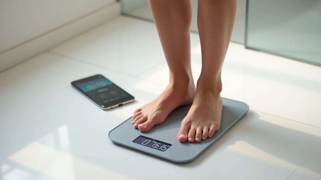 体組成計に乗って測定中の足元とスマートフォンへのデータ同期の様子