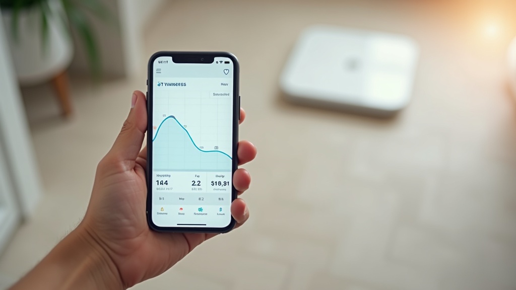 スマートフォンに表示された半年間の体重・体脂肪率の推移グラフと背景の体組成計