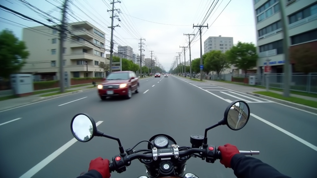 バイクのドライブレコーダー視点で捉えた交差点での右折車との危険な場面