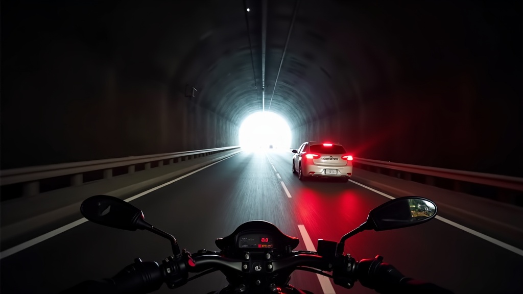バイク用ドラレコで撮影した夜間トンネル出口付近の明暗差が激しい映像イメージ