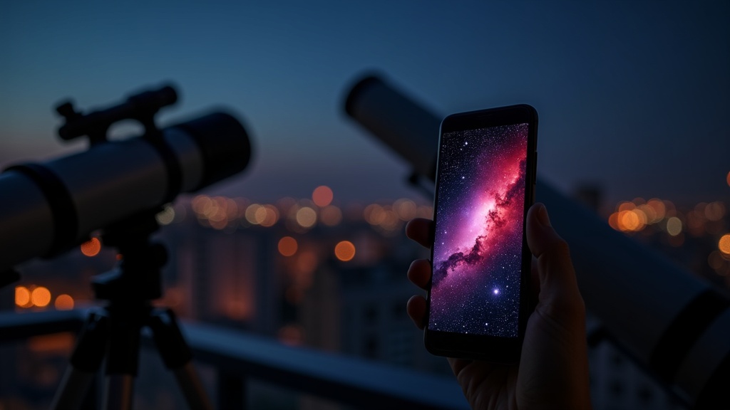 都市部のベランダに置いたスマート望遠鏡のスマホ画面にオリオン大星雲が映し出されている様子