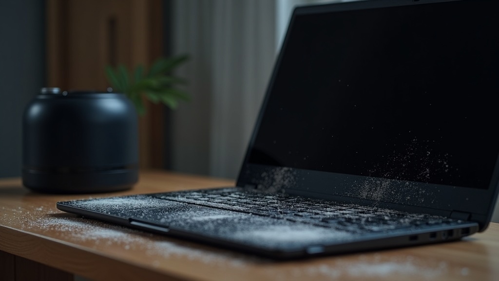 超音波式加湿器の使用によりノートPCやテレビの画面に白い粉(ミネラル成分)が付着した様子