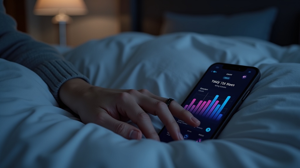 スマートリングを装着した手元と睡眠トラッキングアプリの睡眠ステージグラフ