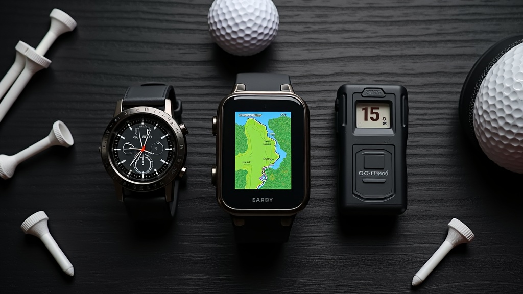 腕時計型GPS・ハンディ型GPS・レーザー距離計の3タイプのゴルフ距離計を並べて比較した俯瞰写真