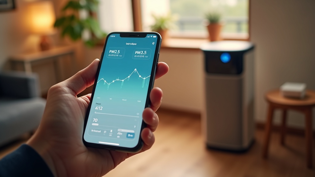 スマートフォンの空気質モニタリングアプリと連携する空気清浄機・スマートスピーカーのある室内