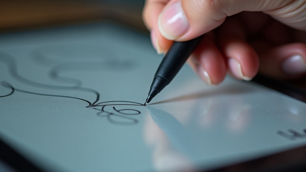 Eインクタブレットにスタイラスペンで手書きしている手元のクローズアップ