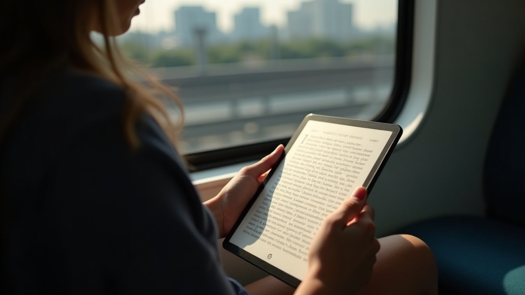電車の窓際でEインクタブレットを使って読書している利用シーン