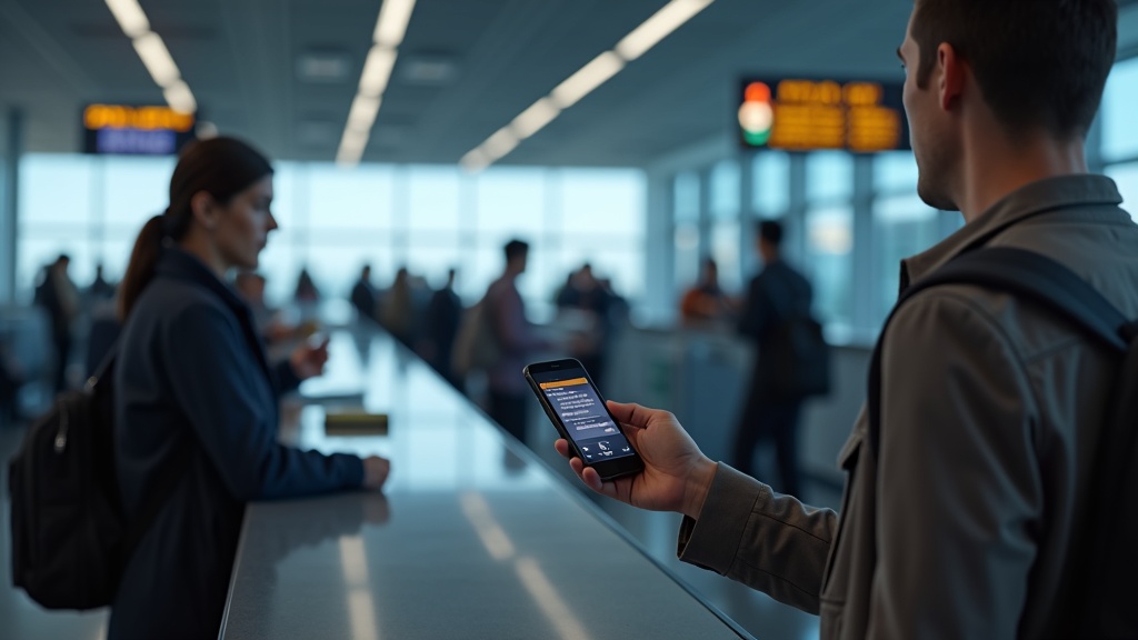 空港カウンターでポータブル翻訳機を使って航空会社スタッフと会話する旅行者