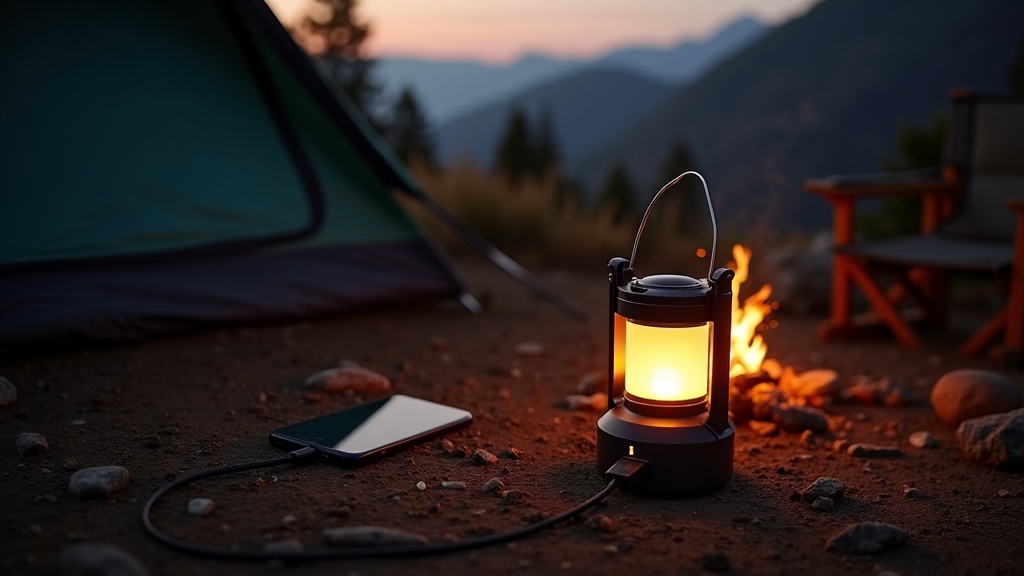 キャンプサイトでポータブル電源からLEDランタンとスマホを充電している夕暮れ時の使用シーン