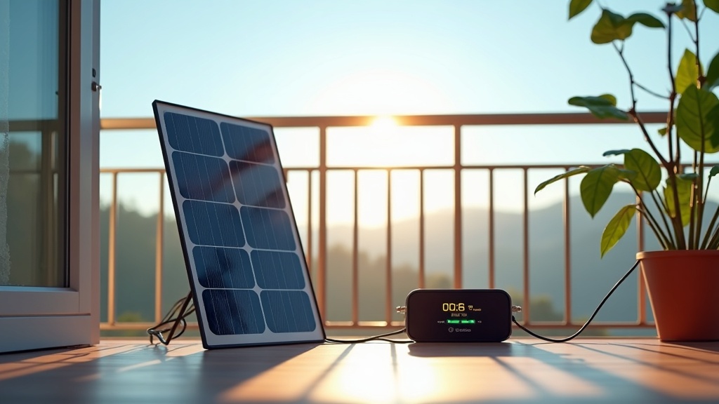 ベランダでソーラーパネルとポータブル電源を接続して太陽光充電している様子。晴天下での実際の発電テスト風景