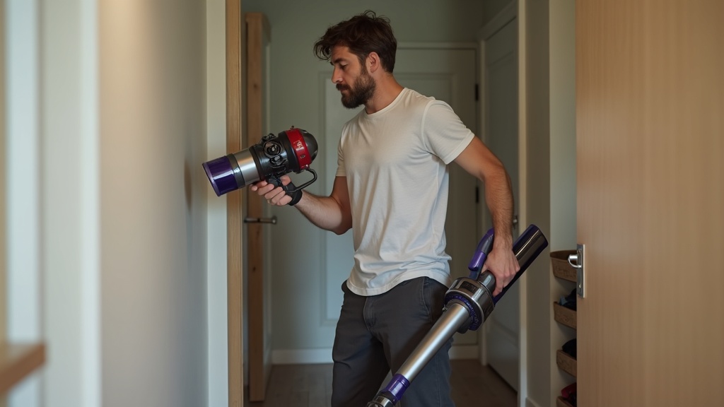 重いコードレス掃除機を片手で持ち上げるのに苦労している男性の様子
