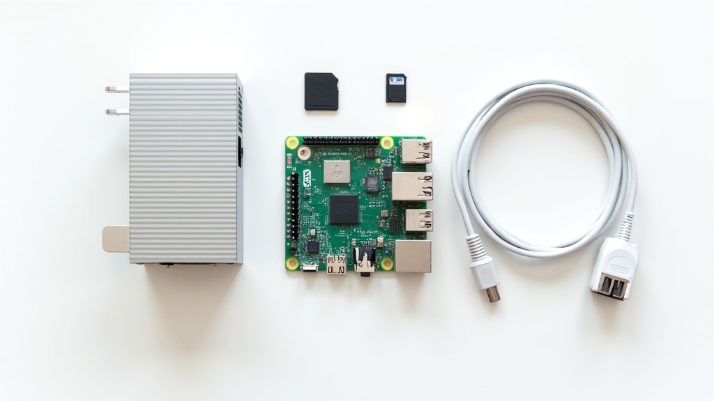 Raspberry Pi 5自宅サーバー構築に必要なパーツ一式（本体・電源・ケース・SSD・LANケーブル）の俯瞰写真
