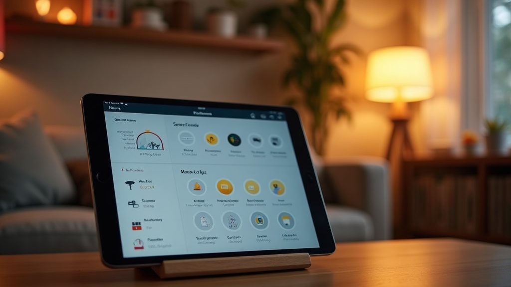 Home Assistantダッシュボードを表示したタブレットとスマートホームデバイスが並ぶリビングルーム