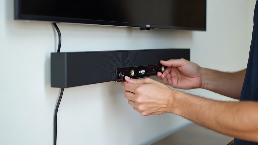 テレビ下の壁にサウンドバーを水平器で確認しながら壁掛け設置している作業風景