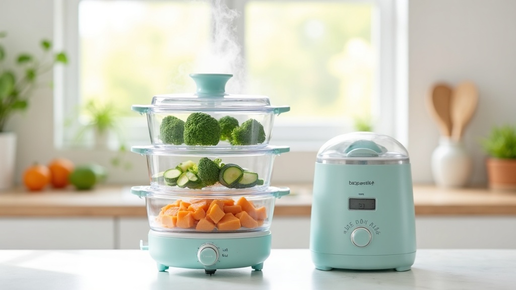 蓋を開けた2段式スチームクッカーの中の蒸し野菜とコンパクトなベビーフードメーカーの比較