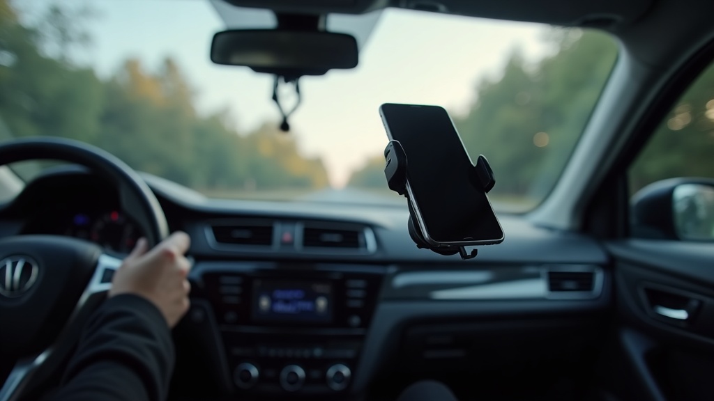 走行中にエアコン吹き出し口のクリップ式スマホホルダーからスマートフォンが落下している車内の様子