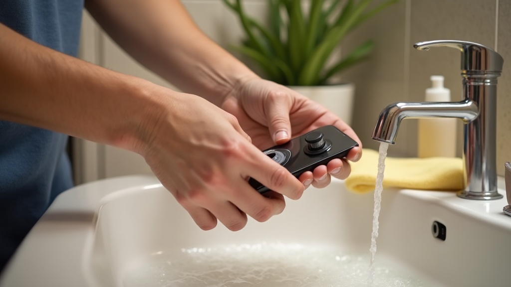 車載スマホホルダーの吸盤をぬるま湯と洗剤で洗ってメンテナンスしている手元のクローズアップ