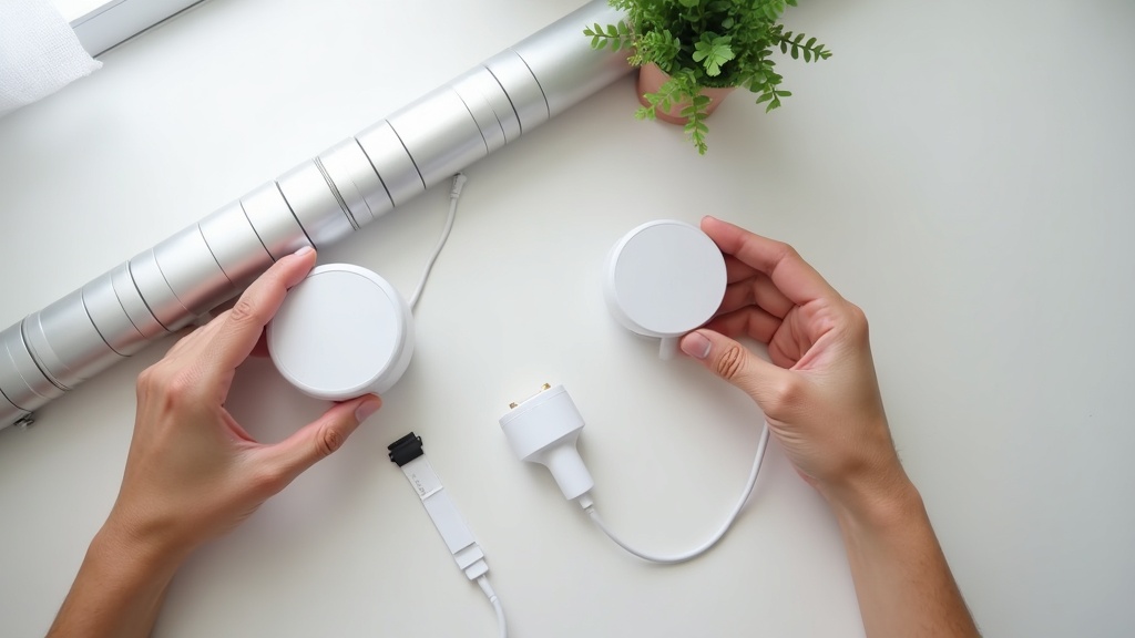スマートカーテンデバイスをカーテンレールに取り付けている手元と付属品一式