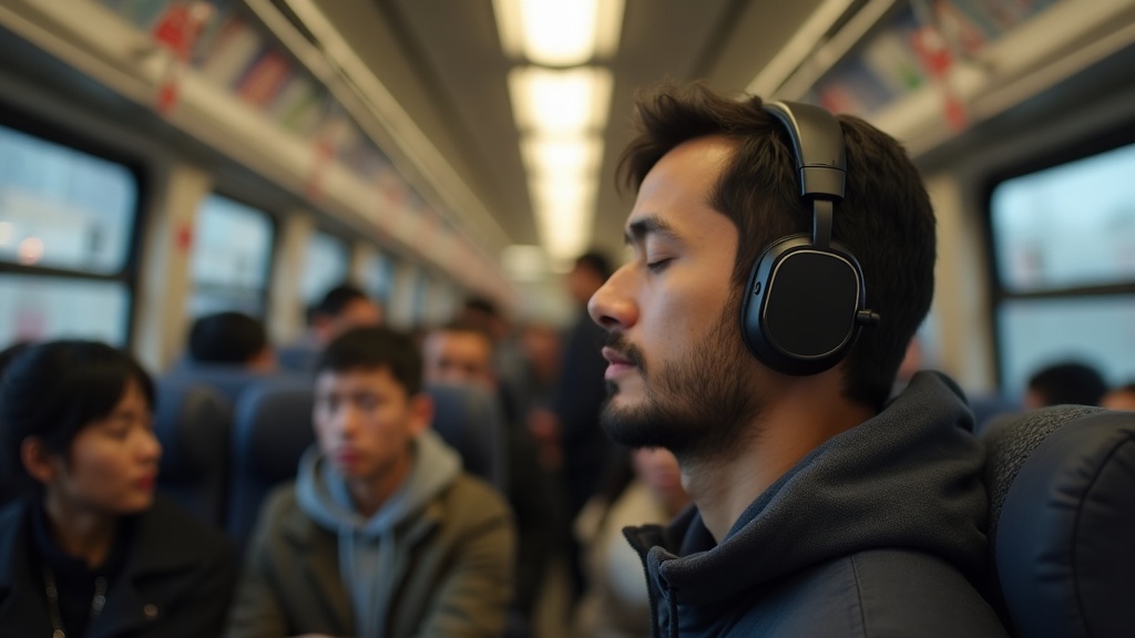 通勤電車内でノイズキャンセリングヘッドホンを装着し静かに音楽を聴く男性