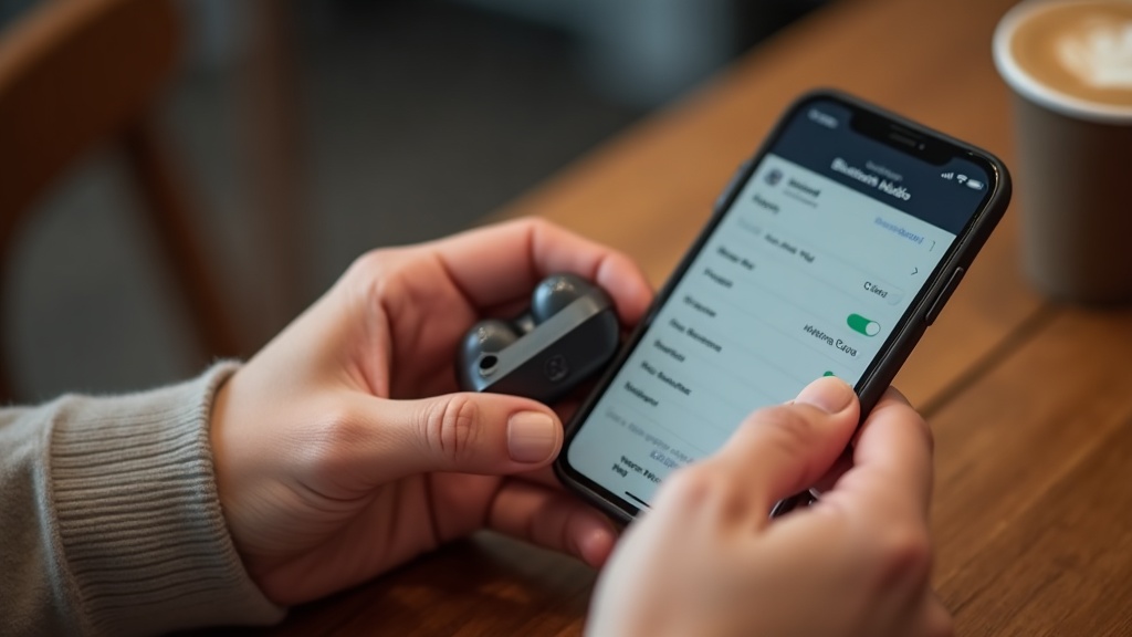 ワイヤレスイヤホンの選び方を確認するためスマホのBluetooth設定とイヤホンを手に持つ様子