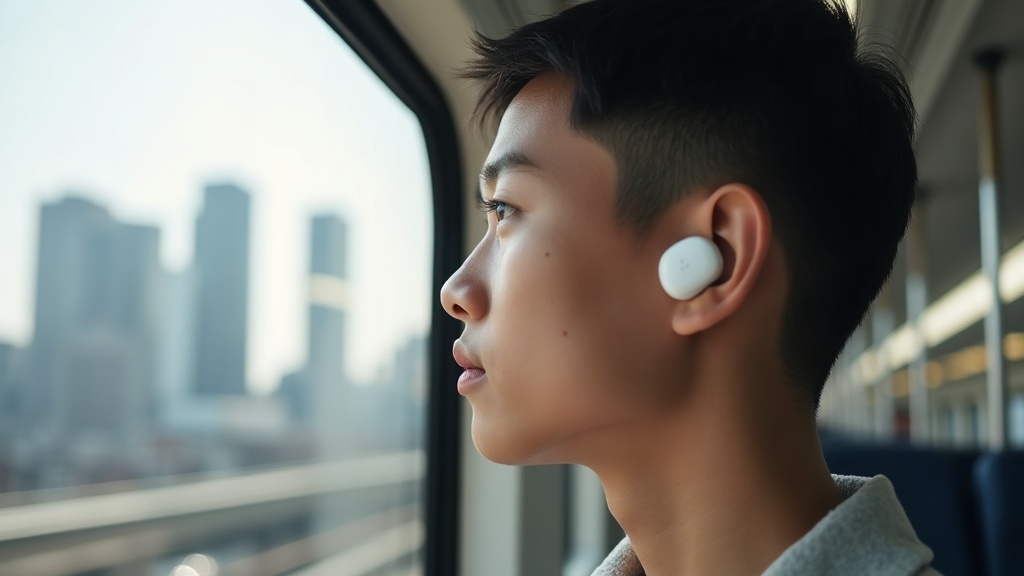 通勤電車内でワイヤレスイヤホンを装着して音楽を聴いている利用シーンのイメージ