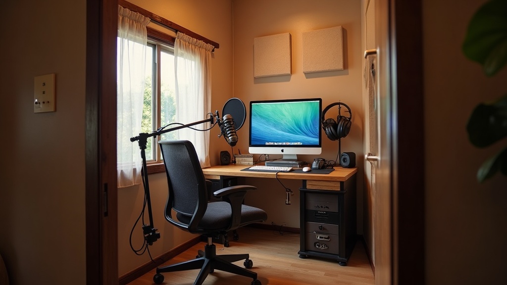 6畳洋室での宅録デスクセッティング例、マイクアームや吸音材を使った実用的なホームスタジオ環境