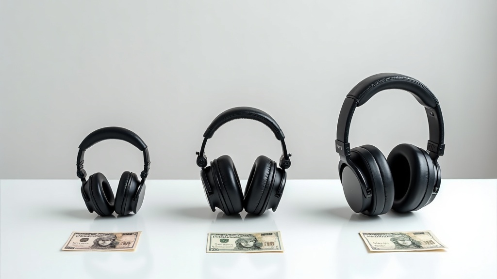 予算別に並べた3つの価格帯のモニターヘッドホンと日本円紙幣による比較イメージ