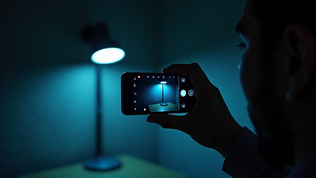 スマートフォンカメラ越しにLEDデスクライトのフリッカー（ちらつき）の縞模様が映っている様子