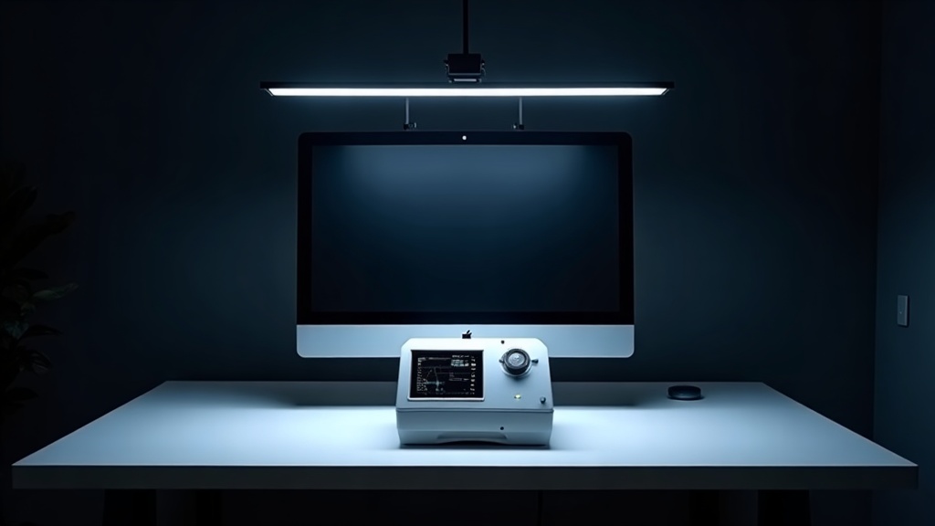 暗室環境でモニターバー型LEDデスクライトの照度を分光式照度計で実測している様子