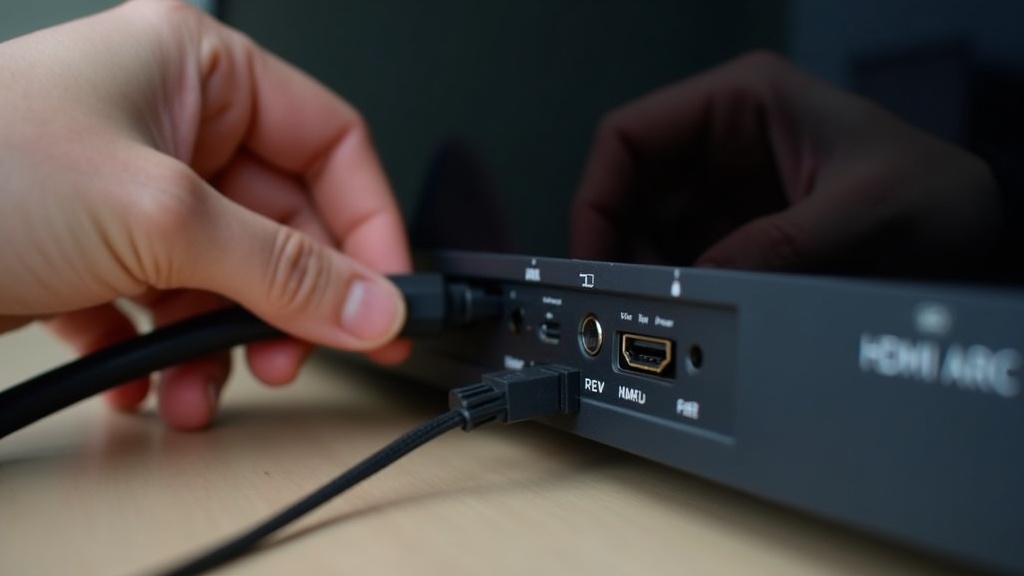 テレビ背面のHDMI ARCポートにケーブルを接続する手元のクローズアップ