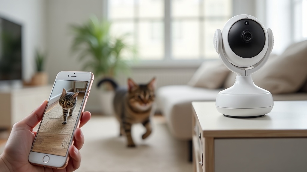 自動追尾機能で走る猫を追跡するペットカメラとスマホのライブ映像画面