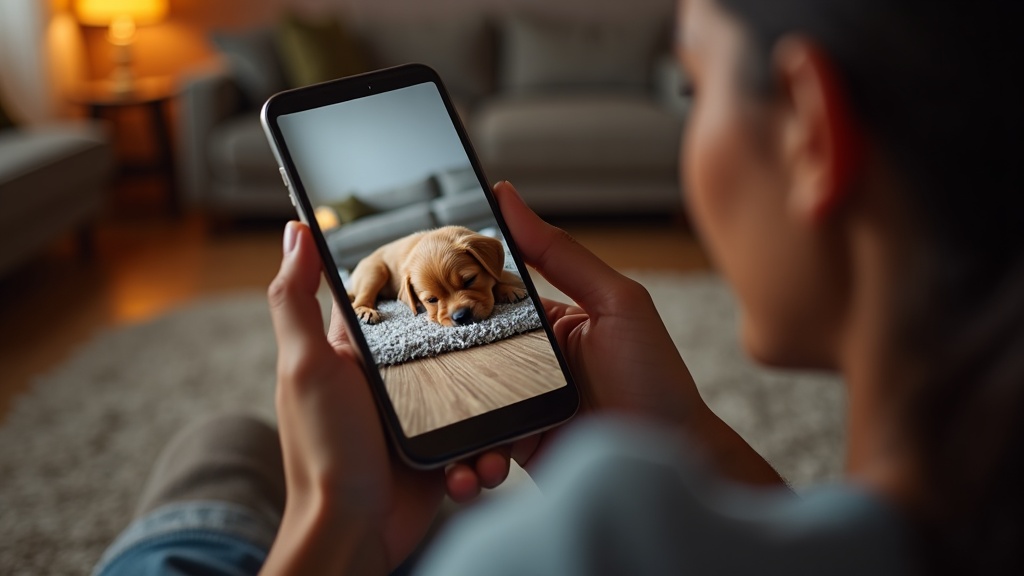 スマートフォンでペットカメラの録画映像を確認し留守番中の子犬の様子を見守る飼い主