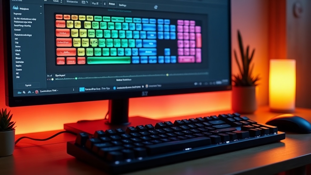 キーマップカスタマイズソフトを表示したモニターとワイヤレスメカニカルキーボードのセットアップ風景