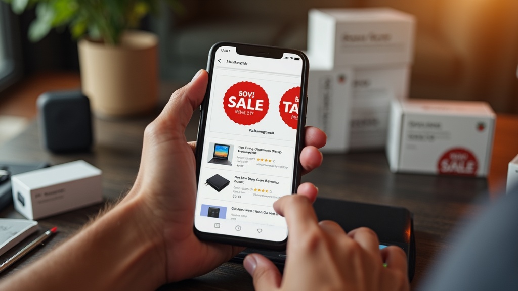 ECサイトのセール画面が表示されたスマートフォンとAnker製品の箱が並ぶ購入シーン