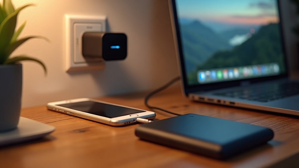GaN充電器とモバイルバッテリーでスマートフォンやタブレットを充電している日常的な使用シーン