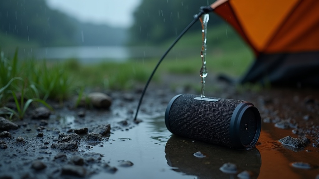雨のキャンプ場で水たまりに水没した小型Bluetoothスピーカー